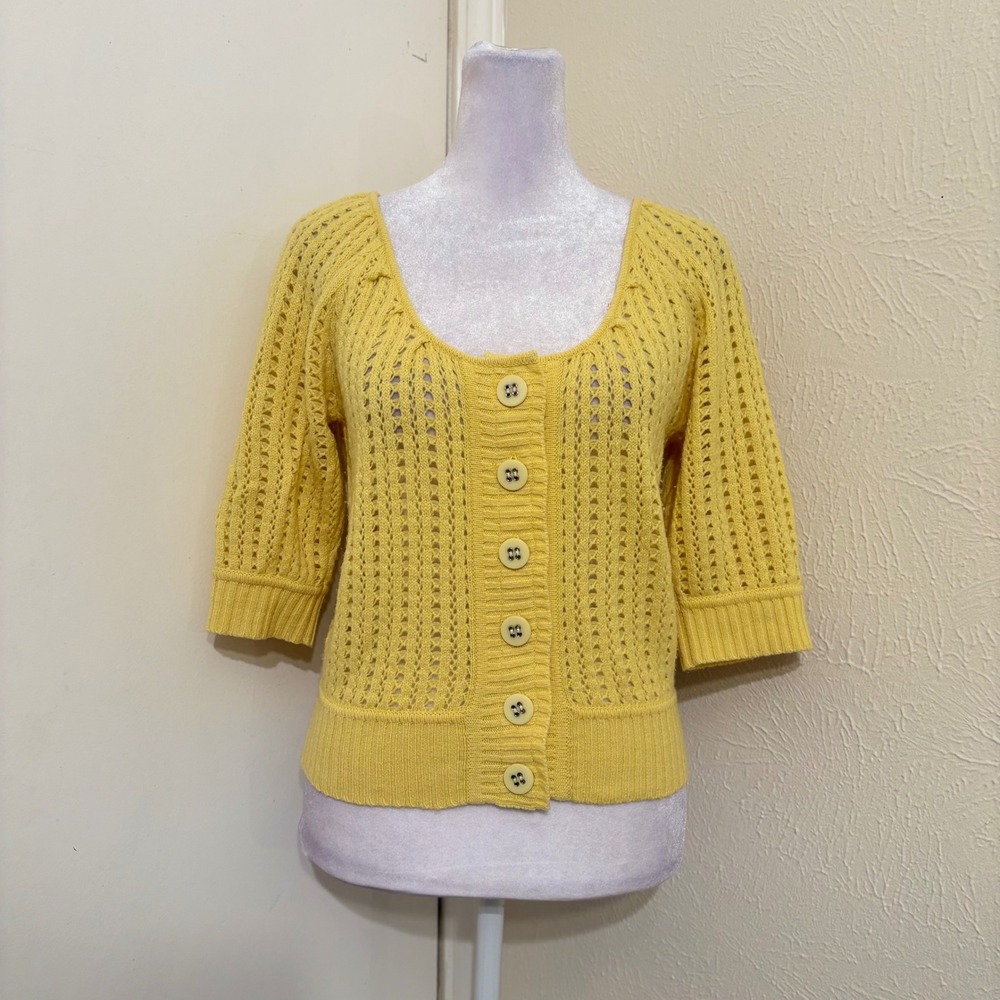 Catherine Malandrino‎ Yellow 100% Cashmere Pointelle Knit Cardigan Sweater S